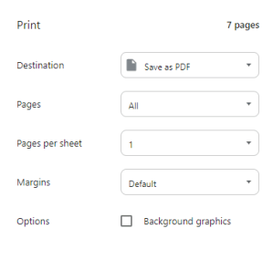 A screenshot of the Google Docs print to PDF menu