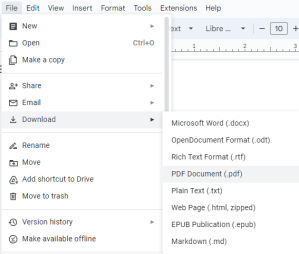 A screenshot showing how to export a Google Doc as a PDF