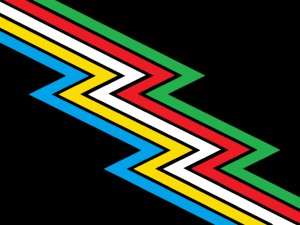 Blue, yellow, white, red, and green zig-zag stripes on a black background